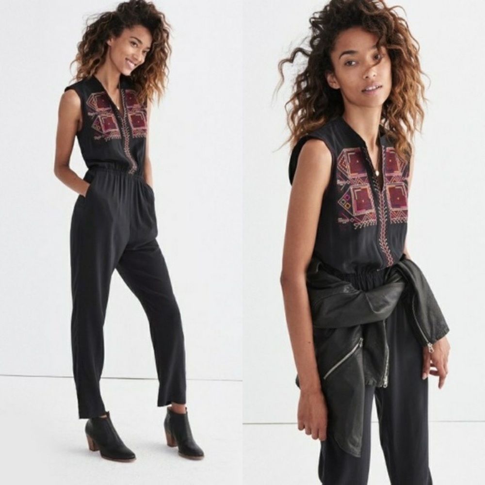 Madewell Folkway Black Aztec Embroidered Jumpsuit 100% Silk